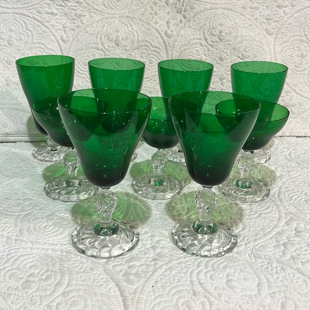 Fostoria Colonial Dame green glasses, set of 8